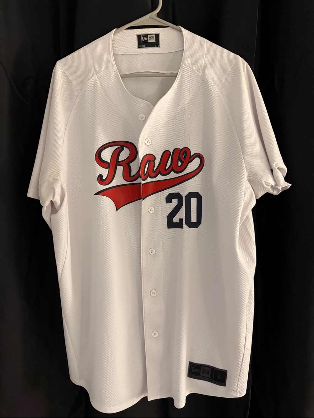New Era White Baseball Jersey with Red Script & Navy 20
